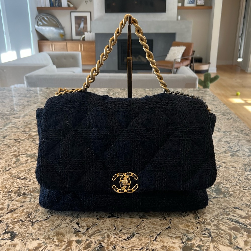 Chanel 19 Quilted Tweed Maxi Navy Blue